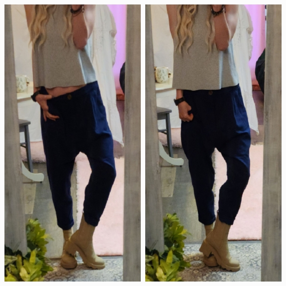 Zara Harem Drop Crotch Pants Elastic Back Waist Navy